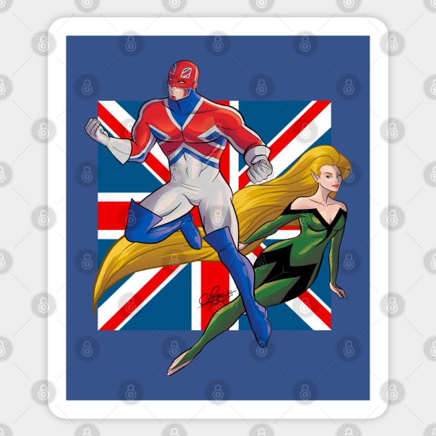 Captain Britain and Meggan Sticker by sergetowers80